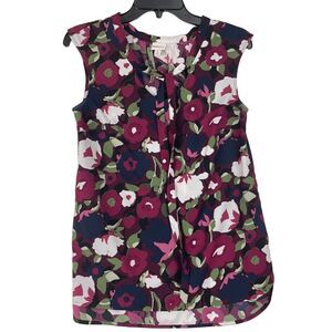 Merona Blouse Sleeveless‎ Women Top Whit Lace in Neck floral Blue white Size S